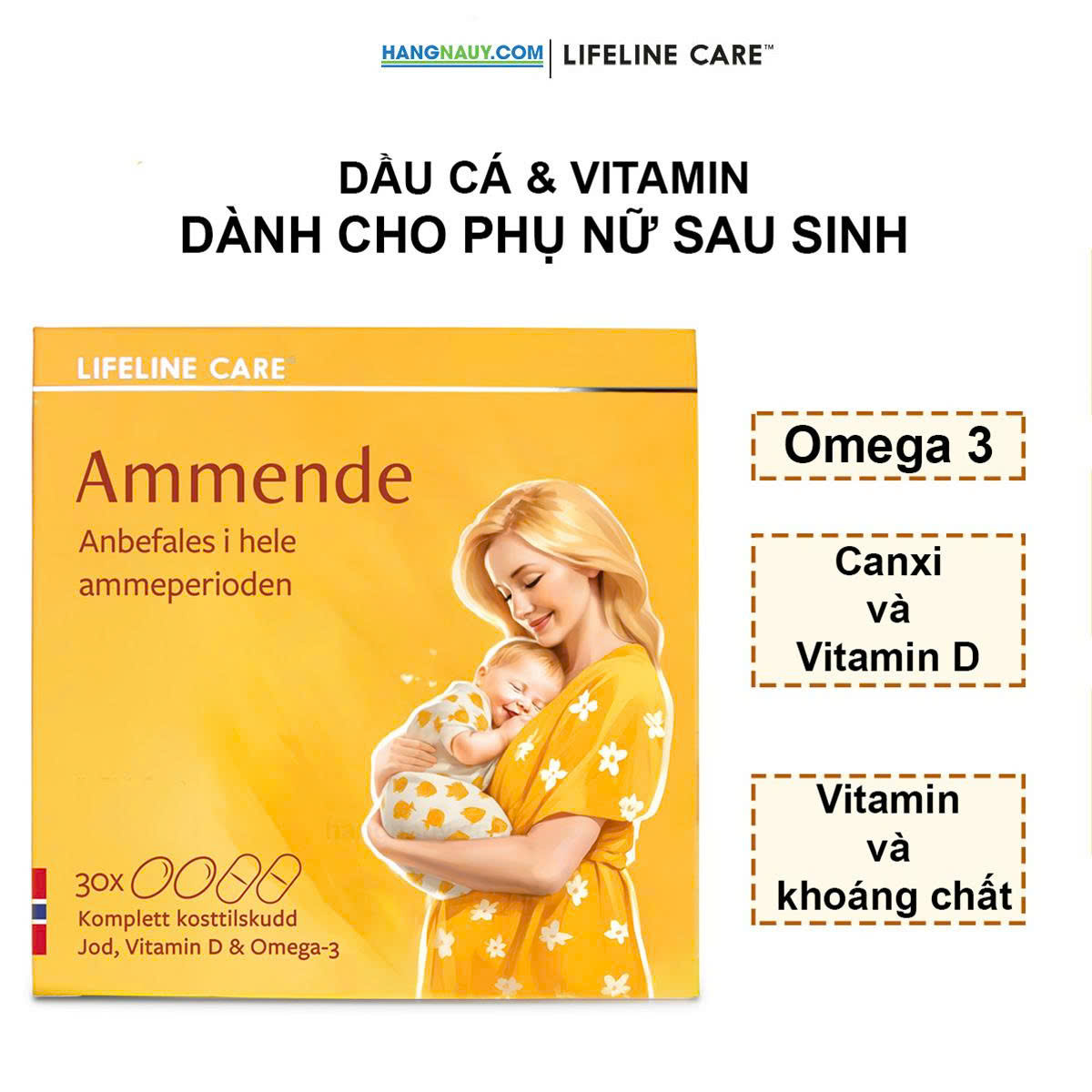 Ammende LIFELINE CARE  - Dầu cá, vitamin, canxi Na Uy dành cho phụ nữ sau sinh - 1 hộp 30 liều