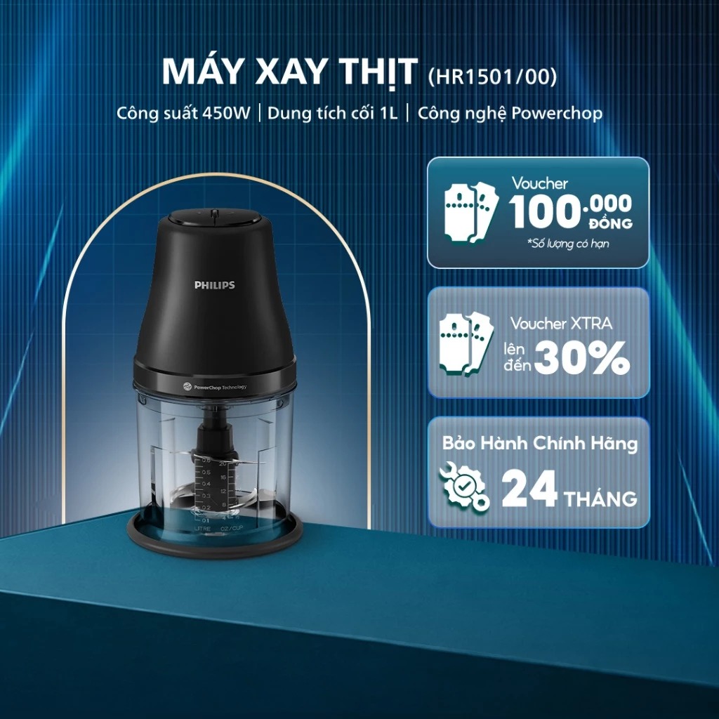Máy Xay Thịt Philips HR1501/00 - Công suất 450W - Dung tích cối 1 lít - Bảo hành 24 tháng