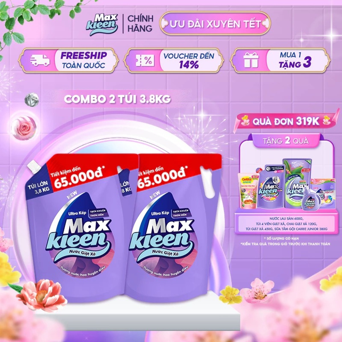 Combo 2 Túi Nước Giặt Xả MaxKleen Hương Nước Hoa Huyền Diệu 3.8kg/Túi