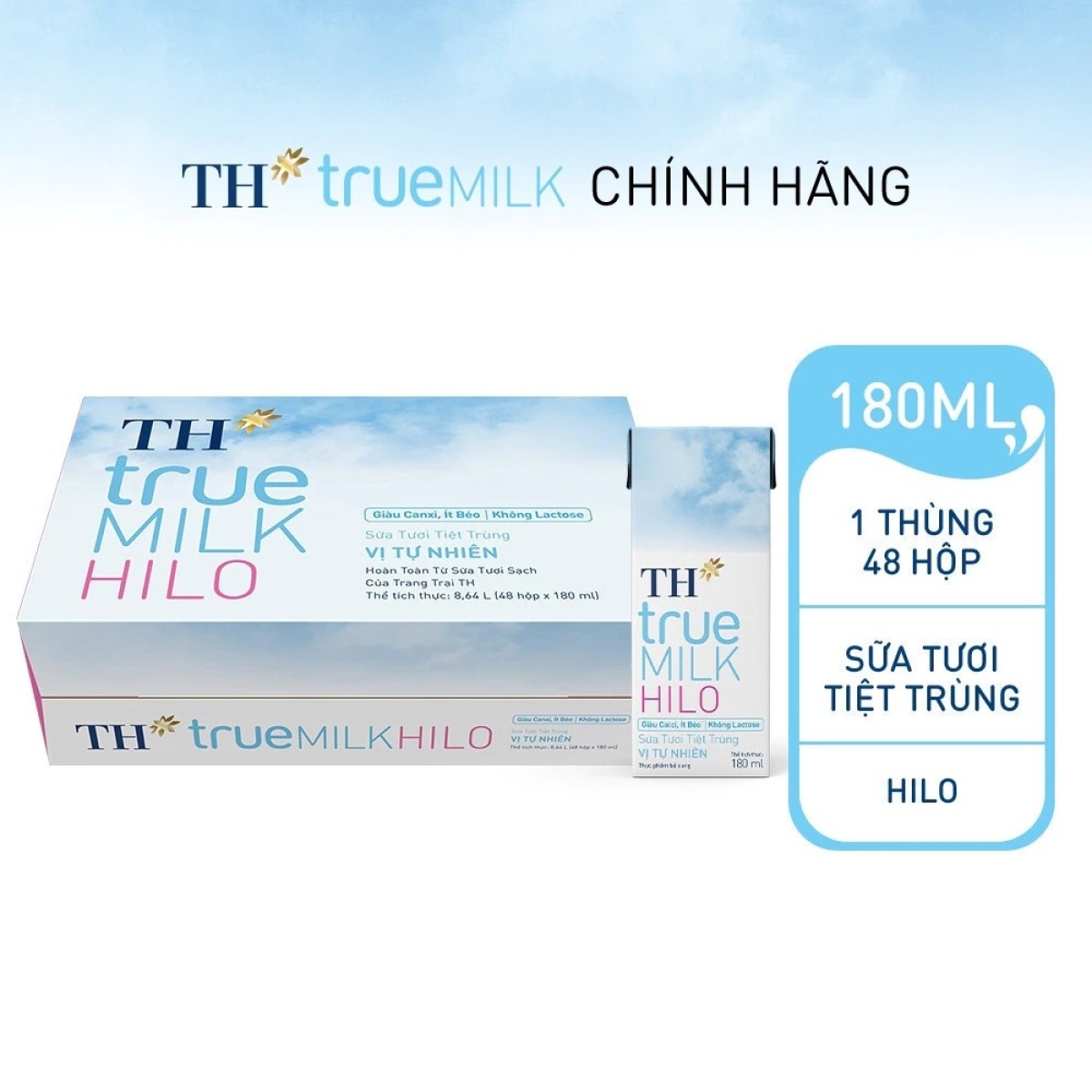 Thùng 48 hộp sữa tươi tiệt trùng TH true MILK HILO vị tự nhiên 180 ml (180 ml x 48)