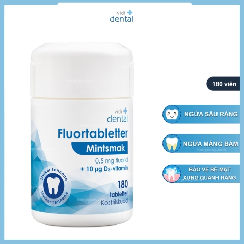 Vidi dental Fluortabletter Mintsmak  0.5mg và vitamin D3 - hộp 180 Viên,  ngậm chắc răng , ngừa sâu răng